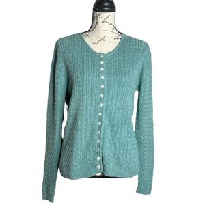 Vintage 80s Jade Green Button Up Linen Cotton Blend Granny Chic Sweater